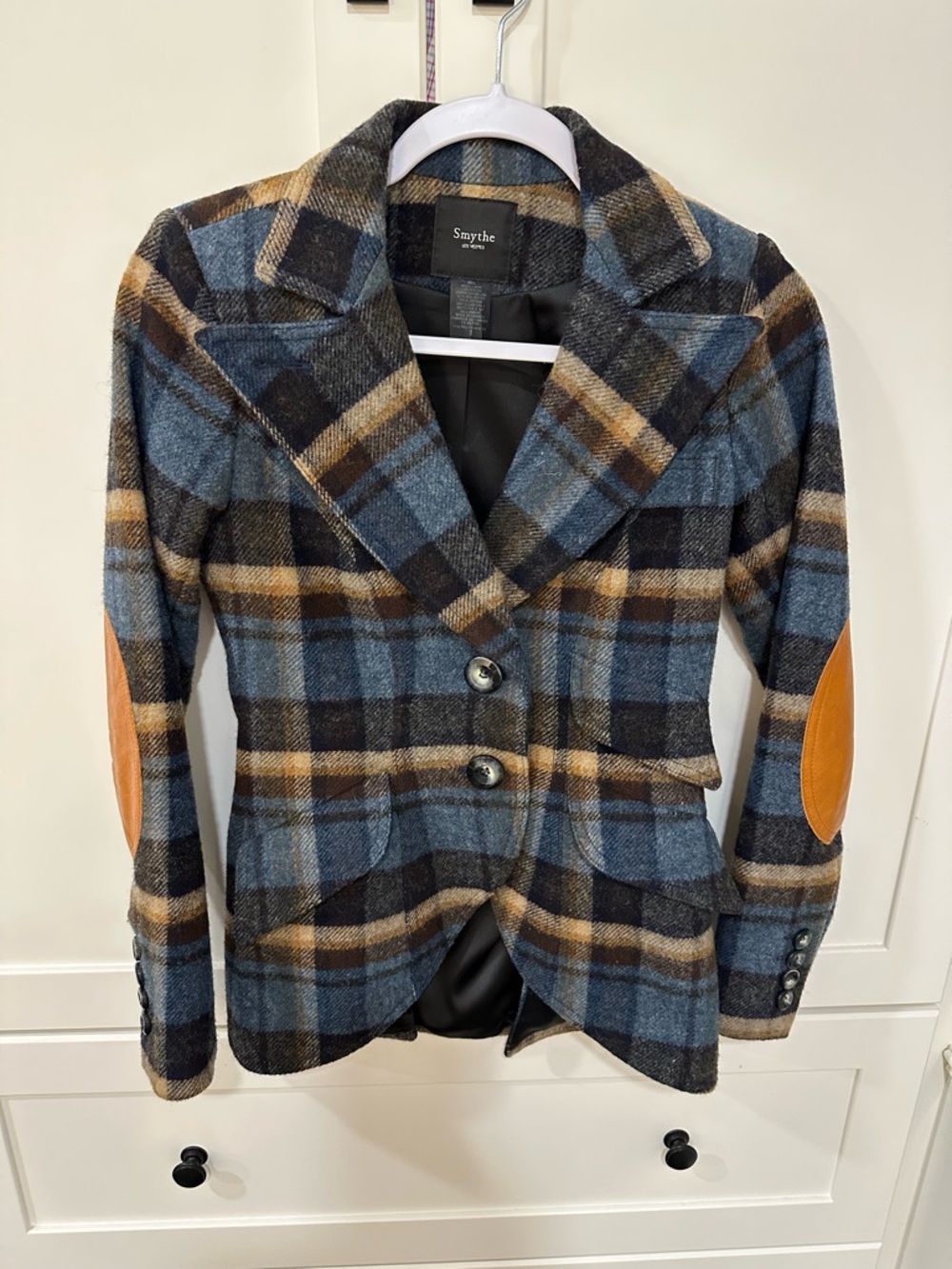Smythe Blue, Black & Tan Plaid Wool Blazer with Tan Elbow Patches